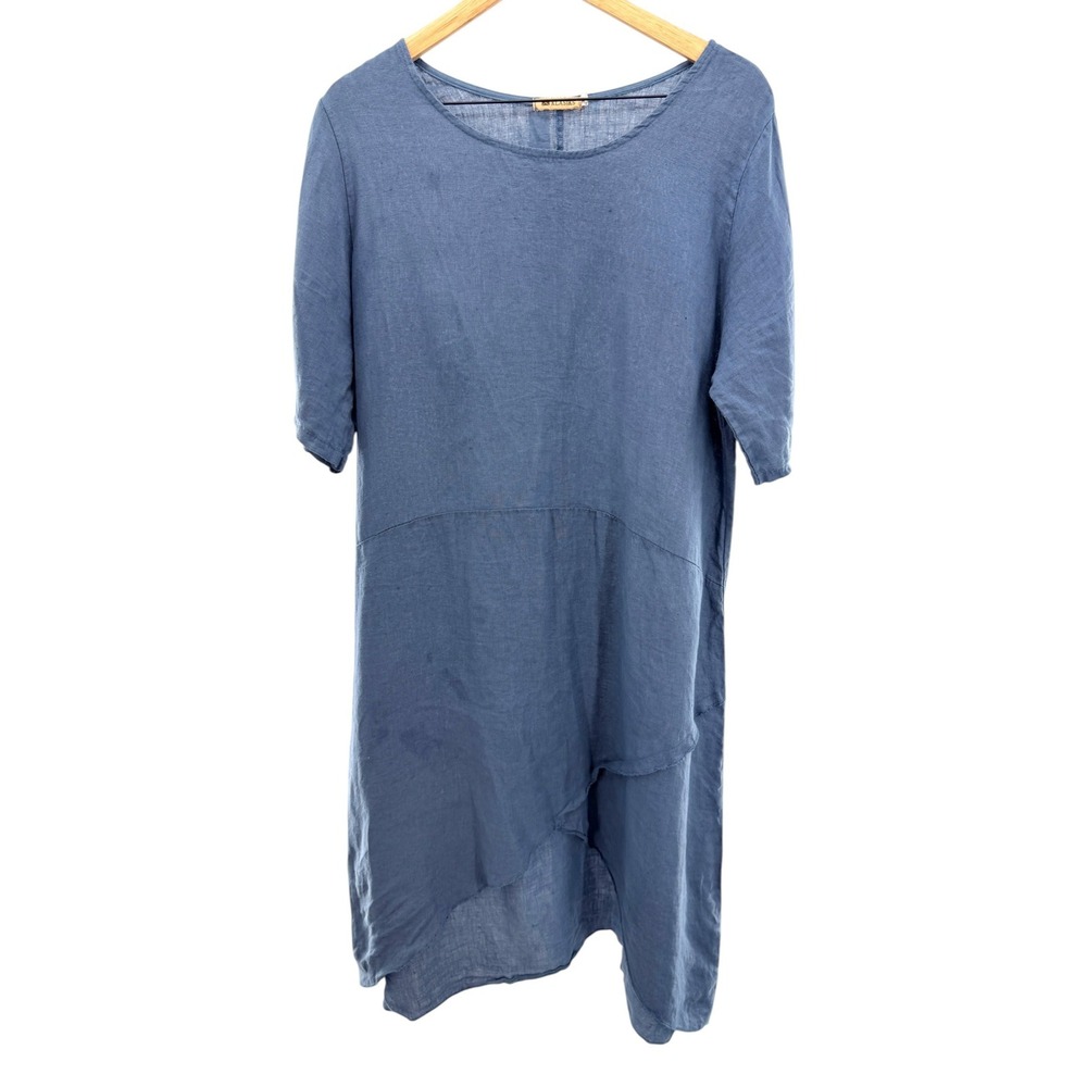 Klasiks Italian Linen Asymmetrical Tulip Hem Shift Dress Blue Womens Medium